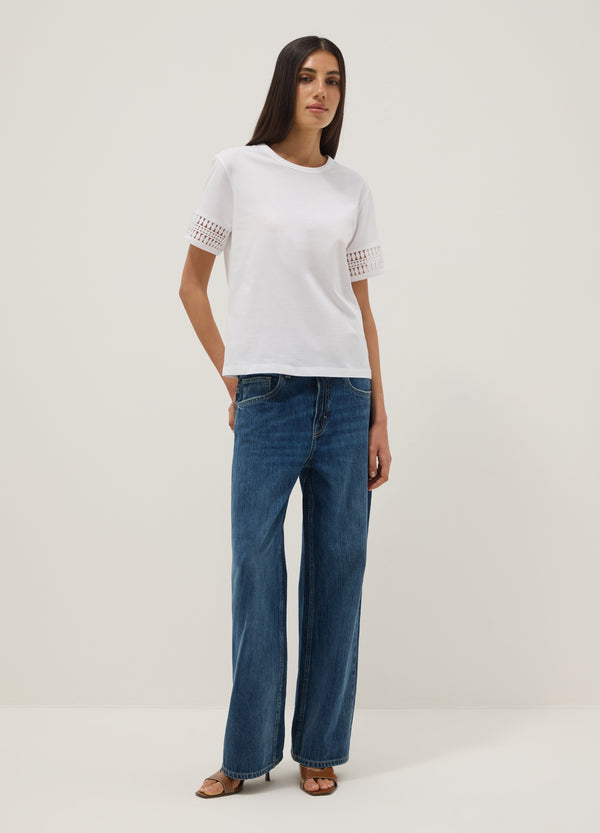 OVS White Pure Cotton T-Shirt With Lace Sleeves
