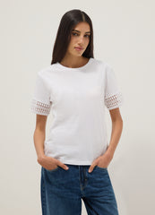 OVS White Pure Cotton T-Shirt With Lace Sleeves