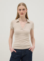 OVS Beige Stretch Cotton Polo Regular Fit Deep V