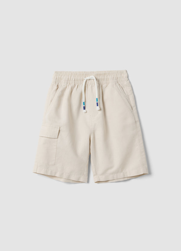 OVS White Linen-Cotton Blend Shorts With Elasticated Waist, Regular Fit