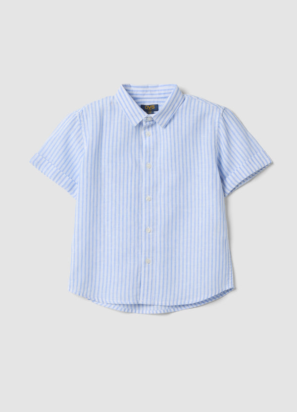 OVS Boys' Blue Striped Linen And Cotton Blend Shirt, Regular Fit
