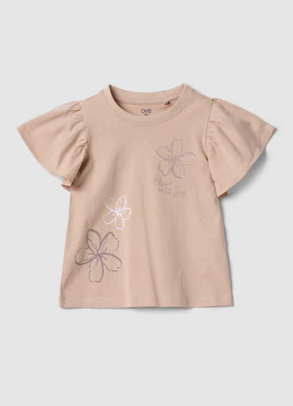OVS Girls Beige Pure Cotton T-Shirt With Ruffles And Rhinestones