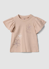 OVS Girls Beige Pure Cotton T-Shirt With Ruffles And Rhinestones
