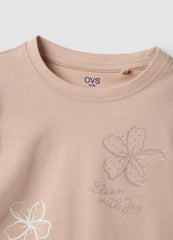 OVS Girls Beige Pure Cotton T-Shirt With Ruffles And Rhinestones