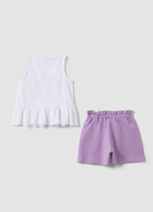 OVS White And Purple Stretch Cotton Set With Top And Shorts
