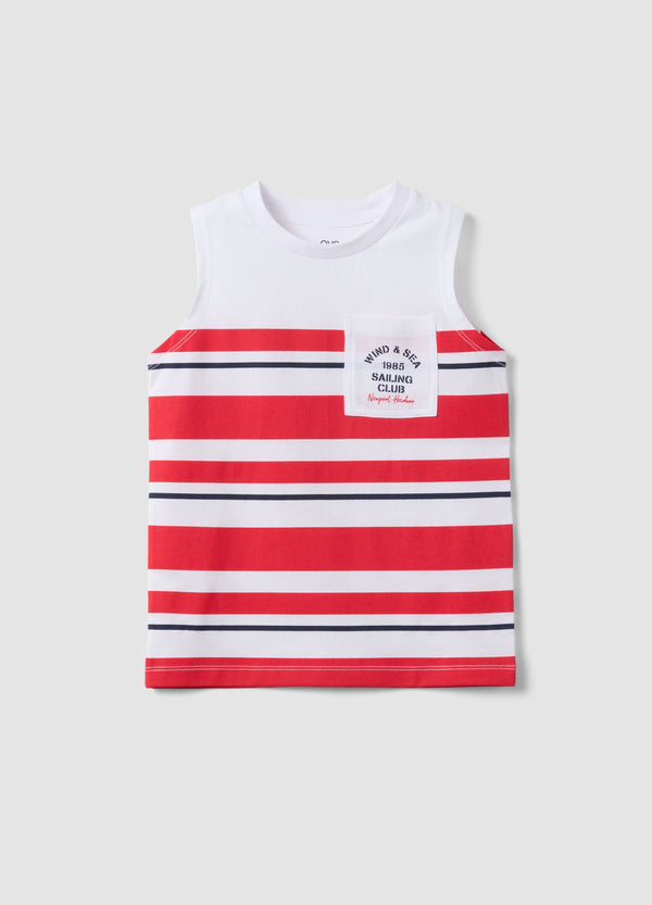 OVS Boys' White Vest With Red Stripes In Pure Cotton, Regular Fit
