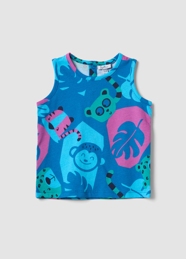 OVS Blue Organic Cotton Tank Top With Tropical Print