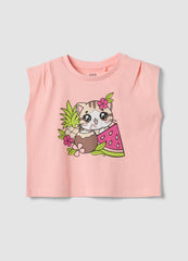 OVS Pink Organic Cotton Printed Tank Top For Girls, Regular Fit