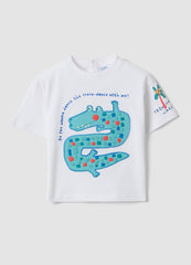 OVS White Short-Sleeve Pure Cotton T-Shirt With Crocodile Print For Baby Boy, Oversized Fit