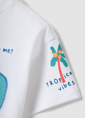 OVS White Short-Sleeve Pure Cotton T-Shirt With Crocodile Print For Baby Boy, Oversized Fit