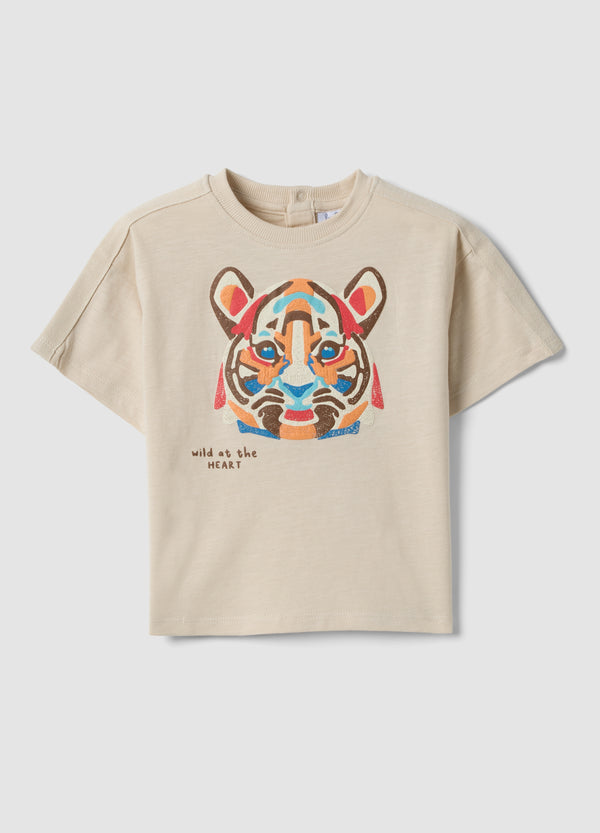 OVS Beige Short-Sleeve Pure Cotton T-Shirt For Baby Boy, Oversized Fit