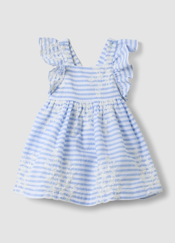 OVS Multicoloured Striped Pure Cotton Dress With Ruffles For Baby Girls, Wide Fit