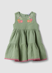 OVS Green Pure Cotton Mini Dress With Floral Embroidery