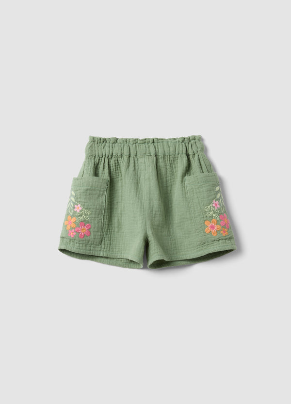 OVS Green Pure Cotton Shorts With Floral Embroidery For Baby Girl, Regular Fit