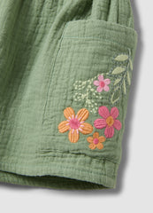 OVS Green Pure Cotton Shorts With Floral Embroidery For Baby Girl, Regular Fit