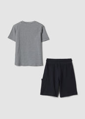 OVS Blue Cotton-Blend Set With Striped T-Shirt And Shorts
