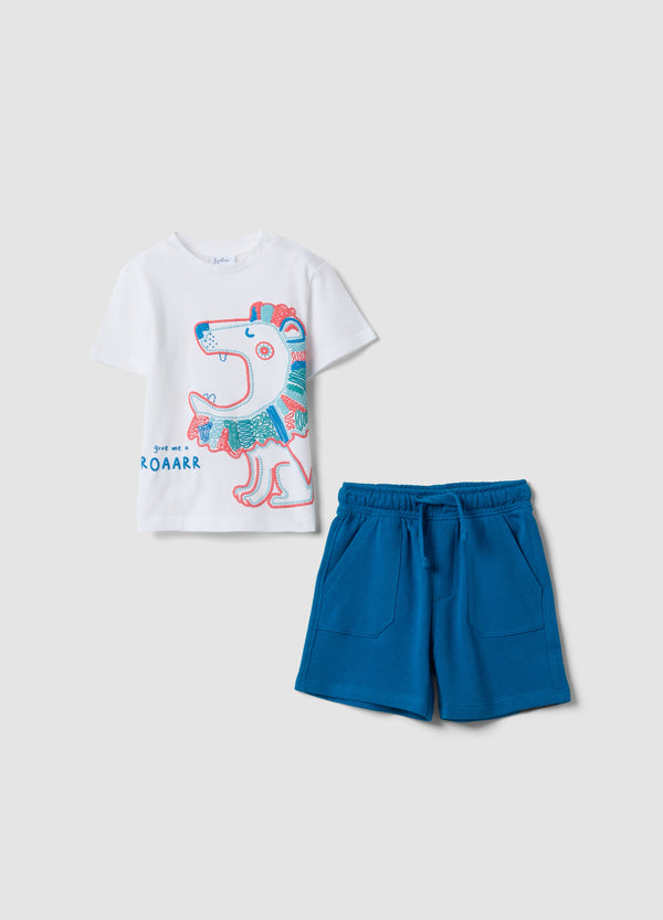 OVS White And Blue Pure Cotton T-Shirt And Shorts Set For Boys, Regular Fit