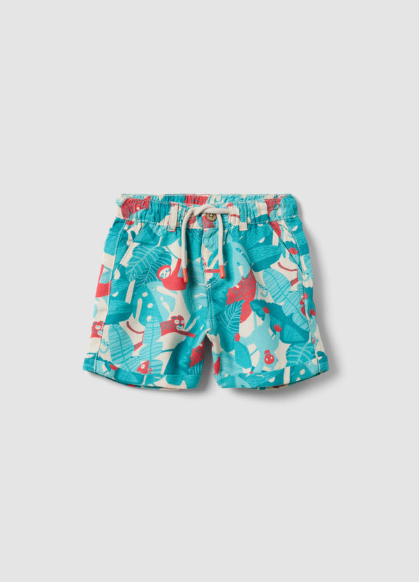 OVS Blue Viscose-Linen Blend Tropical Print Shorts For Boys, Regular Fit