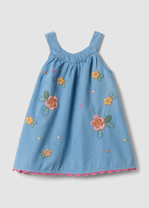 OVS Sky-Blue Pure Cotton Dress With Floral Embroidery