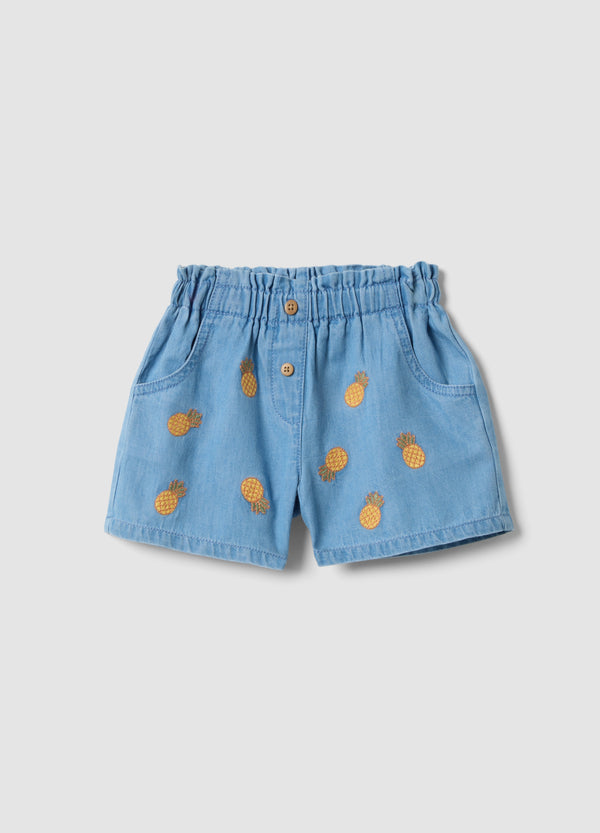 OVS Sky-Blue Pure Cotton Shorts With Embroidery