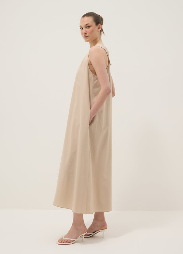 OVS Beige Midi Dress In Pure Cotton With V-Neck