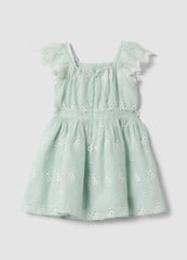 OVS Green Broderie Anglaise Viscose And Cotton Blend Dress For Girls, Regular Fit