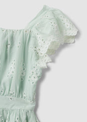 OVS Green Broderie Anglaise Viscose And Cotton Blend Dress For Girls, Regular Fit
