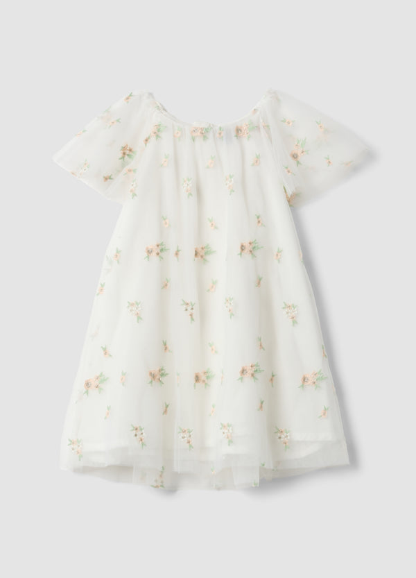OVS White Girls’ Dress With Floral Embroidery, Regular Fit