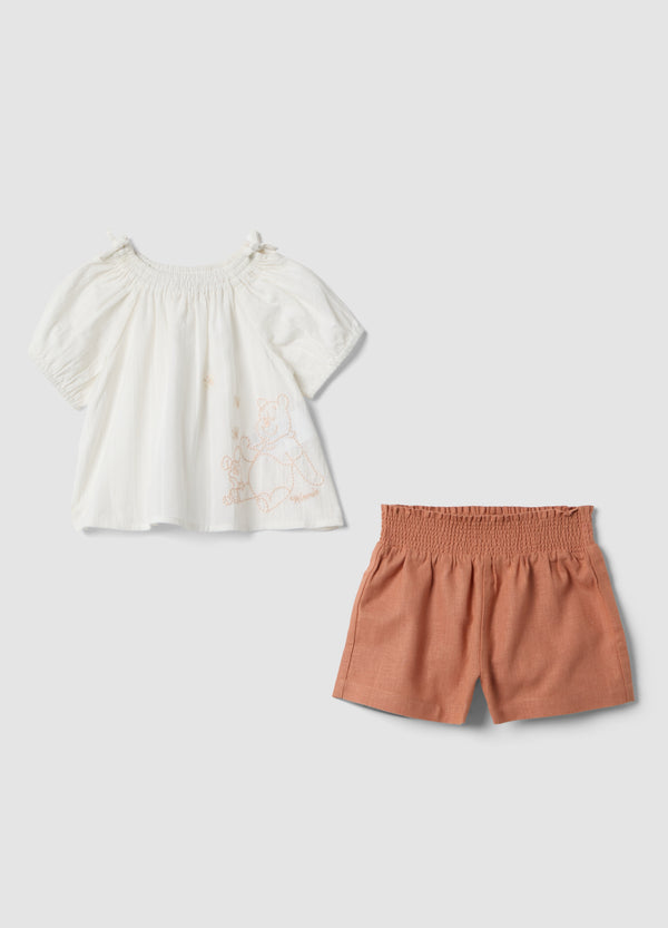 OVS White Pure Cotton Set With Embroidered Winnie The Pooh Blouse And Shorts