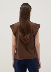 OVS Brown Pure Cotton T-Shirt With Crochet Details, Regular Fit