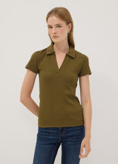 OVS Green Stretch Cotton V-Neck Polo Shirt With Open Neckline, Regular Fit