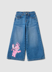 OVS Blue Pure Cotton Wide-Leg Denim Jeans With Lilo & Stitch Print For Girls