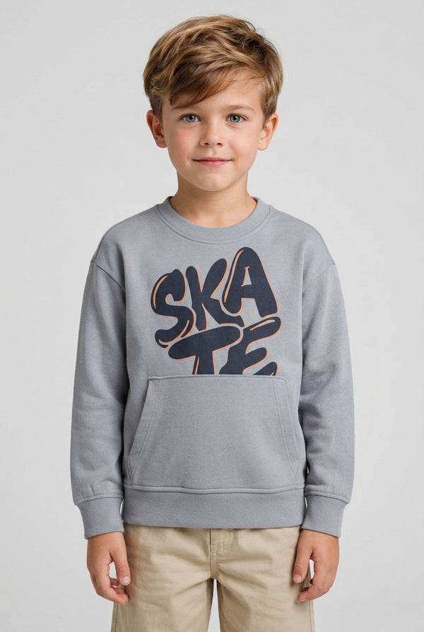 OVS Grey Oversized Pure Cotton Hoodie With Print And Kangaroo Pocket For Boys