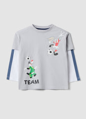 OVS Grey Pure Cotton Long-Sleeve Looney Tunes Print T-Shirt For Boys