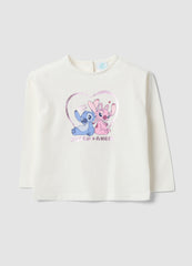 OVS White Long-Sleeve Stretch-Cotton T-Shirt With Lilo & Stitch Print