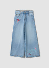 OVS Girls’ Pure Cotton Wide-Leg Denim Jeans With Embroidery