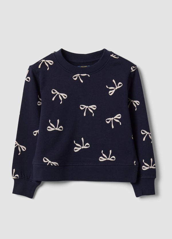 OVS Blue Pure Cotton Sweatshirt With Bow Print And Crew Neck For Girls
