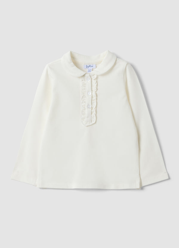 OVS White Stretch Organic Cotton Polo Shirt With Ruffle Detailing For Baby Girl