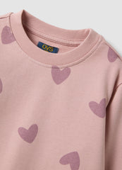 OVS Pink Pure Cotton Sweatshirt With Heart Print And Crew Neck For Girls