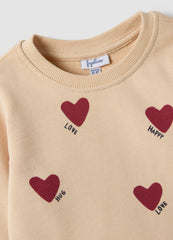 OVS Beige Pure Cotton Crew-Neck Sweatshirt With Heart Print For Baby Girl