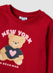 OVS Red Pure Cotton Crew-Neck Sweatshirt With Teddy Bear Print For Baby Girl
