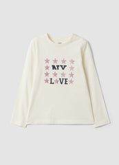OVS White Pure Organic Cotton T-Shirt With Glitter Print For Girls