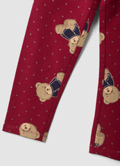 OVS Red Organic Stretch Cotton Leggings With Teddy Bear Print For Girls