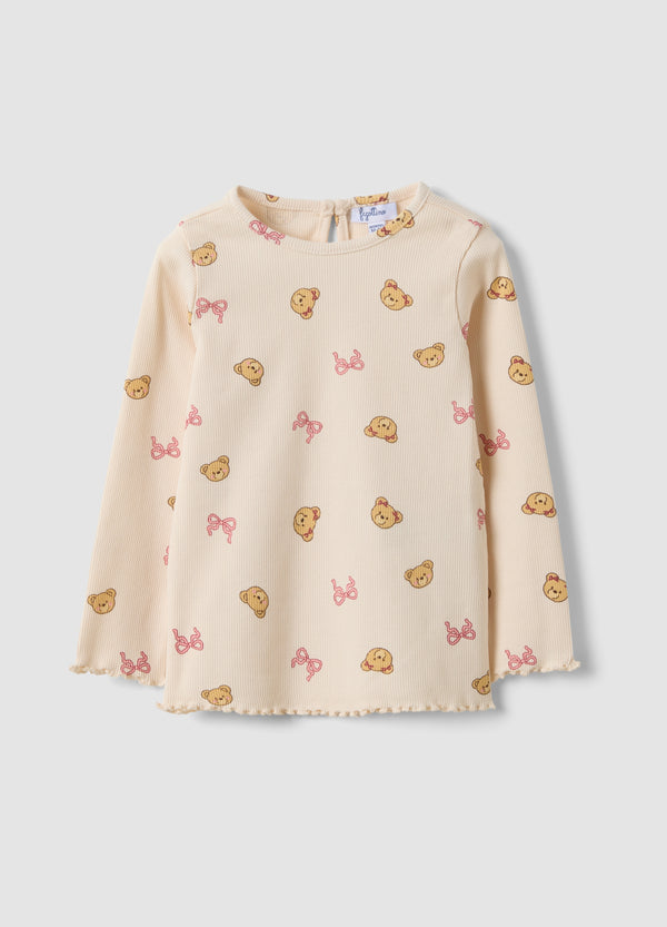 OVS Beige Organic Stretch-Cotton T-Shirt With Teddy Bear Print For Baby Girl