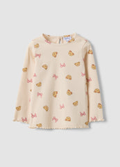 OVS Beige Organic Stretch-Cotton T-Shirt With Teddy Bear Print For Baby Girl