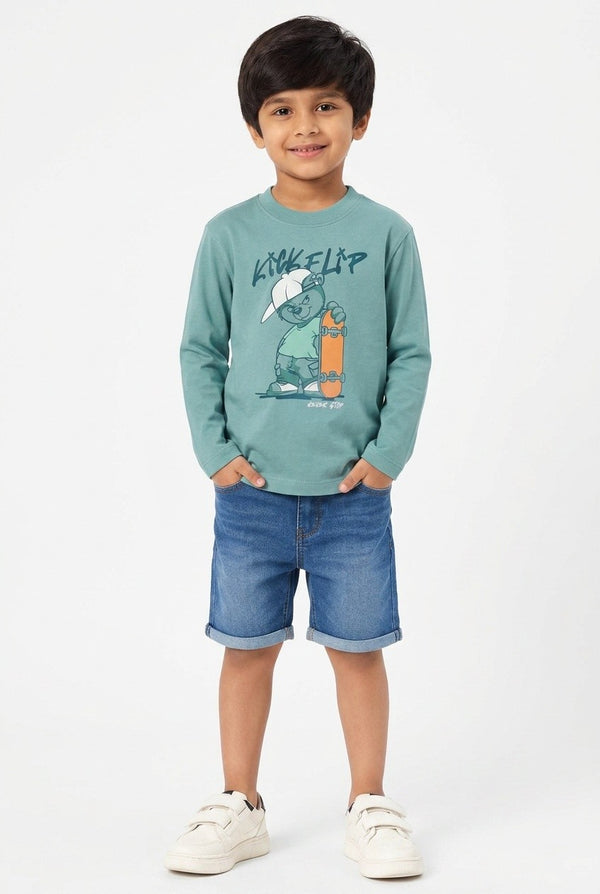 OVS Green Oversized Pure Cotton T-Shirt With Skate Print For Boys