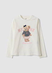 OVS White Stretch Cotton T-Shirt With Teddy Bear Print For Girls