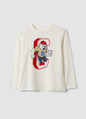 OVS White Pure Cotton Crew-Neck T-Shirt With Bear Print For Boys