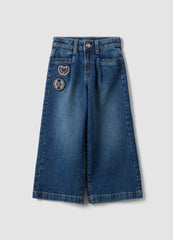 OVS Blue Wide-Leg Pure Cotton Jeans With Patches For Girls
