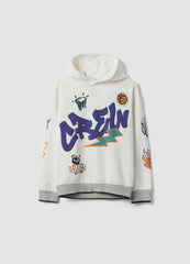 OVS White Cotton-Blend Hoodie With Graffiti Oversized Fit For Boys